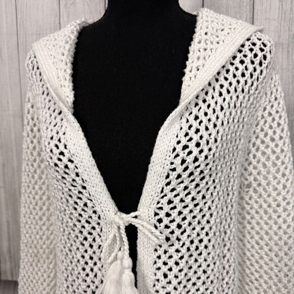 J.Jill Women's Medium White Crochet Hooded Cardigan Fringe Hem Layering Boho - Picture 3 of 10